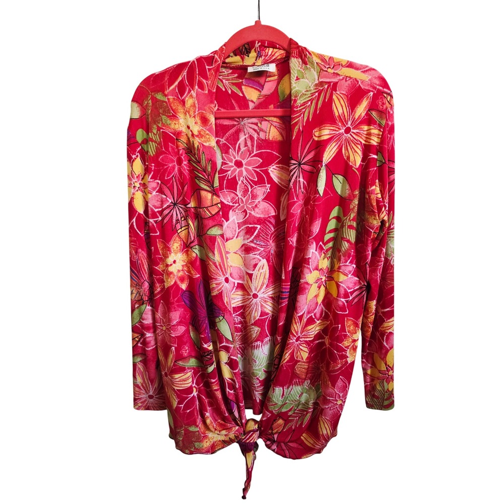 Jostar XL Women's Red Floral Tropical‎ Print Long Sleeve Tie Front Slinky Jacket